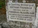 
Arthur Frederick,
son of Frederick & Hilda WILSON,
died 24 March 1926 aged 2 years 2 months;
Killarney cemetery, Warwick Shire
