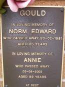 Norm Edward GOULD,
died 23-02-1981 aged 65 years;
Annie GOULD,
died 03-08-2002 aged 89 years;
Lawnton cemetery, Pine Rivers Shire