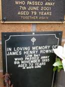 James Henry (Jim Snr) ROWNE,
died 8 Nov 1995 aged 72 years;
Lawnton cemetery, Pine Rivers Shire