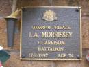 L.A. MORRISSEY,
died 17-2-1997 aged 74 years;
Lawnton cemetery, Pine Rivers Shire