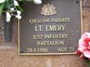 I.T. EMERY,
died 28-3-1996 aged 71 years;
Lawnton cemetery, Pine Rivers Shire