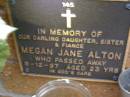 Megan Jane ALTON,
daughter sister fiance,
died 5-12-97 aged 23 years;
Lawnton cemetery, Pine Rivers Shire