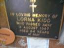 Lorna KIDD,
died 4 Aug 1997 aged 64 years;
Lawnton cemetery, Pine Rivers Shire