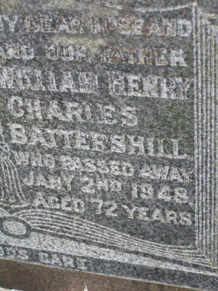 Bertha Elizabeth BATTERSHILL,  | mother,  | died 25 July 1949 aged 70 years;  | William Henry BATTERSHILL,  | husband father,  | died 2 Jan 1948 aged 72 years;  | Lawnton cemetery, Pine Rivers Shire  | 