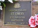 I.T. EMERY,
died 28-3-1996 aged 71 years;
Lawnton cemetery, Pine Rivers Shire