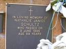 Nathalie Janice SCHULTZ,
died 3 June 1996 aged 59 years;
Lawnton cemetery, Pine Rivers Shire