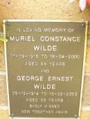 Muriel Constance WILDE,
01-09-1915 - 16-04-2000 aged 84 years;
George Ernest WILDE,
06-12-1914 - 18-02-2003 aged 88 years;
Lawnton cemetery, Pine Rivers Shire