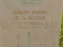 R.A. NUNN,
died 10 Jan 1950 aged 30? years;
husband of Mona,
father of Robert & James;
Lawnton cemetery, Pine Rivers Shire