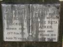 Albert Charles HACKER,
father,
died 13 Feb 1961 aged 75 years;
Sophie Reta HACKER,
wife mother,
died 11 March 1951 aged 67 years;
Lawnton cemetery, Pine Rivers Shire