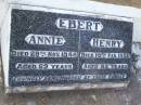 Annie EBERT,
died 29 Nov 1948 aged 69 years;
Henry EBERT,
died 19 Feb 1956 aged 82 years;
Lawnton cemetery, Pine Rivers Shire