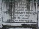 James Charles STEWART,
died 19 Dec 1931 aged 82 years;
William Stuart MURISON,
father
died 9 March 1931 aged 72 years;
Isabella Stewart MURISON,
mother,
died 17 July 1944 aged 79 years,
buried at Barcaldine;
Margaret Stewart MURISON,
died 14 April 1907 aged 15 years,
buried in Lambhill cemetery, Glasgow, Scotland;
Lawnton cemetery, Pine Rivers Shire