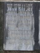 John Spence,
father,
died 21 June 1931 aged 77 years;
Alexander,
son,
died 26 April 1931 aged 42 years;
Jean Stevenson HOUGHTON,
wife,
died 18 Sept 1945 aged 50 years;
Lawnton cemetery, Pine Rivers Shire