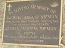 Richard August NIEMAN,
died 20-3-88 aged 81 years;
Louisa Augusta (Lucy) NIEMAN,
wife,
died 26-3-97 aged 101 years;
Lawnton cemetery, Pine Rivers Shire