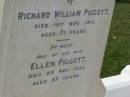 Richard William PIGGOTT,
died 15 Nov 1917 aged 71 years;
Ellen PIGGOTT,
wife,
died 8 Nov 1929 aged 69 years;
Lawnton cemetery, Pine Rivers Shire