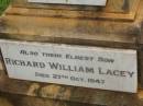 Richard RAYMONT,
husband of Harriet RAYMONT,
died 19 Feb 1910 aged 66 years;
Harriet,
wife,
died 5 May 1931 in her 79th year;
Richard William Lacey,
eldest son,
died 27 Oct 1947;
Lawnton cemetery, Pine Rivers Shire