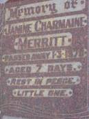 Victor TURNBULL,
died 24-8-1964? aged 53 years;
Janine Charmaine MERRITT,
died 1-3-1970? aged 7 days;
Lawnton cemetery, Pine Rivers Shire