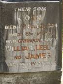 parents;
James LANE,
died 11 May 1921 aged 82 years;
Annie LANE,
died 20 Sept 1933 aged 86 years;
John,
son,
died 7 March 1894 aged 8 12 months;
grandchildren,
William, Leslie & James,
died in infancy;
Lawnton cemetery, Pine Rivers Shire