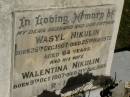 Wasyl NIKULIN,
husband father,
born 26 Dec 1907,
died 25 May 1972 aged 64 years;
Walentina NIKULIN,
born 9 Oct 1907,
died 21 Aug 1989;
Lawnton cemetery, Pine Rivers Shire