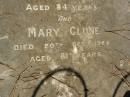 John CLUNE,
died 20 July 1910 aged 42 years;
John CLUNE, senr,
died 31 July 1920 aged 84 years;
Mary CLUNE,
died 20 Oct 1925 aged 81 years;
Lawnton cemetery, Pine Rivers Shire
