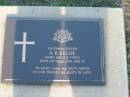 A.B. KELLIE,
died 10 Oct 1986 aged 73 years;
Lawnton cemetery, Pine Rivers Shire