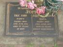 Eric John TOPP,
died 11 June 1991 aged 57 years,
poppy;
Joan Charlotte TOPP,
died 23 April 1997 aged 65 years,
nana;
Lawnton cemetery, Pine Rivers Shire