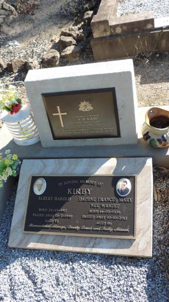 Albert Harold KIRBY  | b: 24 Mar 1917  | d: 13 Jul 1990 aged 73  | husband of Daphne  | father of Gary, Denys, Glen, Helen  |   | Daphne Frances Mary KIRBY (nee WRIGHT)  | b: 14 May 1926  | d: 10 Oct 2012 aged 86  |   | Leyburn Cemetery  | 