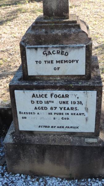 Alice FOGARTY  | d: 18 Jun 1931 aged 87  |   | Michael FOGARTY  | d: 14 May 1914 aged 79  |   | Leyburn Cemetery  |   | 