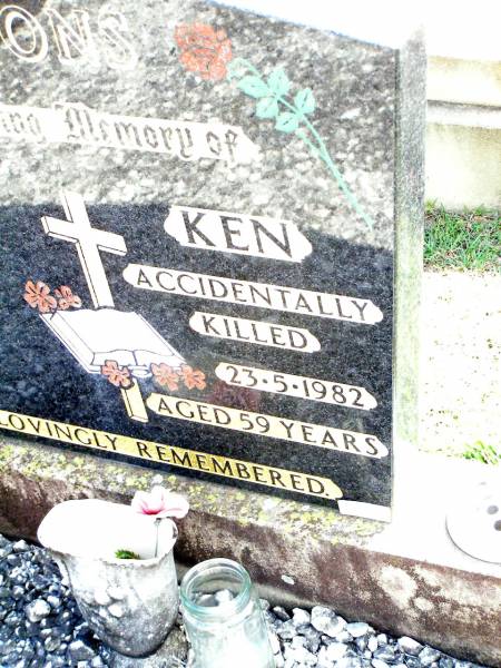 Ken LYONS,  | accidentally killed 23-5-1982 aged 59 years;  | Lockrose Green Pastures Lutheran Cemetery, Laidley Shire  | 