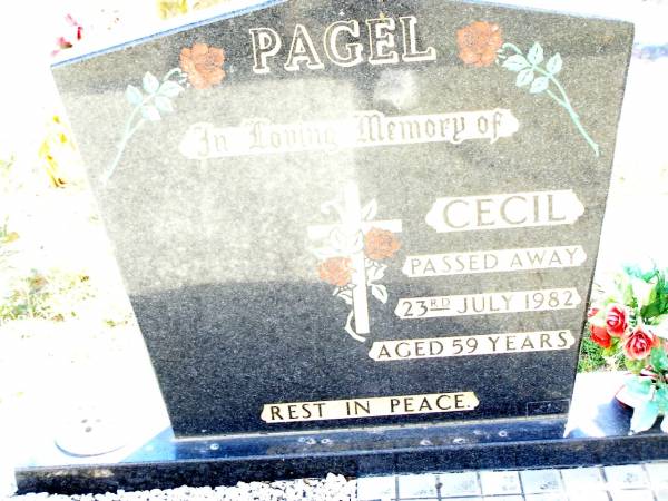 Cecil PAGEL,  | died 23 July 1982 aged 59 years;  | Lockrose Green Pastures Lutheran Cemetery, Laidley Shire  | 