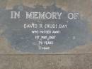 David R. (Rud) DAY,
died 1 May 1987 aged 79 years;
Lower Coomera cemetery, Gold Coast