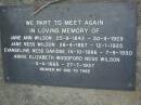 Jane Anne WILSON,
25-8-1843 - 30-4-1929;
Jane Ness WILSON,
26-4-1867 - 12-1-1925;
Evangeline Ness DAVIDGE,
14-10-1886 - 7-9-1930;
Annie Elizabeth Woodford Ness WILSON,
5-4-1865 - 27-7-1937;
Lower Coomera cemetery, Gold Coast