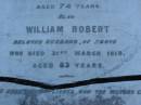 Ann,
wife of William Robert OXENFORD,
died 13 Oct 1911 aged 74 years;
William Robert,
husband,
died 31 March 1919 aged 83 years;
Lower Coomera cemetery, Gold Coast