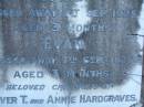 Olga,
died 17 April 1923 aged 5 years;
Cyril,
died 1 Sept 1925 aged 3 months;
Evan,
died 7 Sept 1925 aged 3 months;
children of Oliver T. & Annie HARDGRAVES;
Oliver Thomas HARDGRAVES,
9-1-1894 - 6-4-1974;
Annie Mary HARDGRAVES,
2-3-1897 - 4-10-1980;
Lower Coomera cemetery, Gold Coast