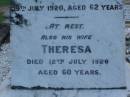 John DONALD,
died 29 July 1920 aged 62 years;
Theresa,
wife,
died 12 July 1926 aged 60 years;
daughters;
Lilian DONALD,
3 May 1902 - 3 Dec 1977;
Daisy OXENFORD,
9 Sept 1899 - 15 May 1983;
Lower Coomera cemetery, Gold Coast
