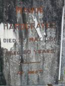 Solomon R. HARDGRAVES,
died 15 Dec 1938 aged 53? years;
Maude HARDGRAVES,
died 3 May 1966 aged 80 years;
Keith Richard HARDGRAVES,
died 6 Jan 1986 aged 64 years;
Lower Coomera cemetery, Gold Coast