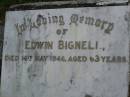 Edwin BIGNELL,
died 14 May 1946 aged 63 years;
Lower Coomera cemetery, Gold Coast