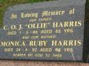 C.O.J. (Ollie) HARRIS,
father,
died 1-5-86 aged 82 years;
Monica Ruby HARRIS,
mother,
died 24-4-92 aged 88 years;
Lower Coomera cemetery, Gold Coast