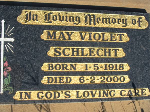 May Violet SCHLECHT,  | born 1-5-1918 died 6-2-2000;  | St Michael's Catholic Cemetery, Lowood, Esk Shire  | 