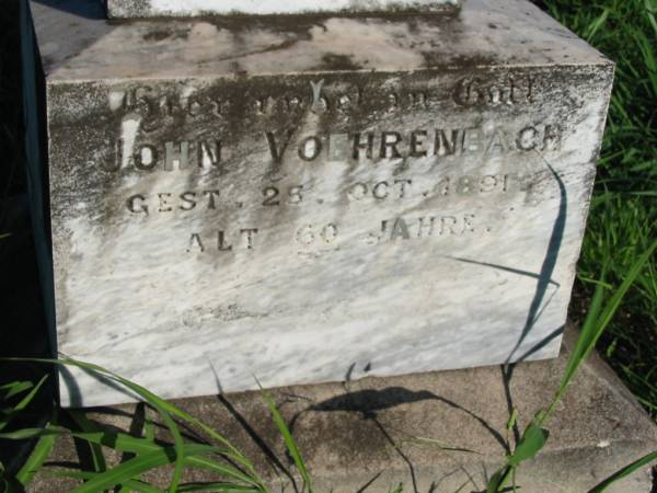 John VOEHRENBACH,  | died 25 Oct 1891 aged 60 years;  | St Michael's Catholic Cemetery, Lowood, Esk Shire  | 