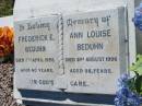 
Frederick E BEDUHN
7 Apr 1956, aged 60
Ann Louise BEDUHN
31 Aug 1996, aged 98
Lowood General Cemetery

