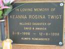 
Keanna Rosina TWIGT
(daughter of David, Amanda)
b: 3 Aug 1998, d: 12 Aug 1998
Lowood General Cemetery

