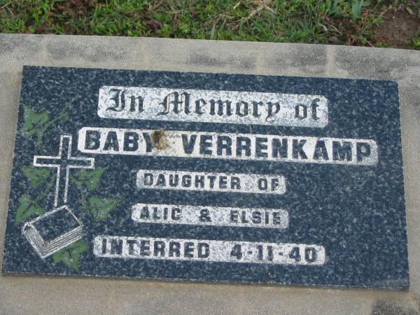 Baby VERRENKAMP, daughter of Alic & Elsie, interred 4-11-40;  | Lowood Trinity Lutheran Cemetery (Bethel Section), Esk Shire  | 