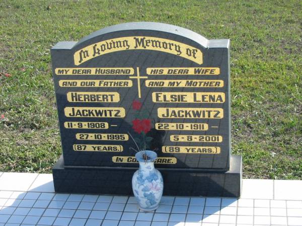 Herbert JACKWITZ, 11-9-1908 - 27-10-1995 aged 87 years, husband father;  | Elsie Lena JACKWITZ, 22-10-1911 - 5-8-2001 aged 89 years, wife mother;  | Lowood Trinity Lutheran Cemetery (Bethel Section), Esk Shire  | 