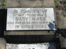 Baby MANZ, died 22 Mary 1966 in infancy, son;
Lowood Trinity Lutheran Cemetery (St Marks Section), Esk Shire