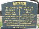 HAAK;
Alfred August, died 12 Sept 1981 aged 79 years, father father-in-law grandfather great-grandfather;
Violet May, died 23 Oct 1975 aged 64 years, mother mother-in-law grandmother great-grandmother;
Lowood Trinity Lutheran Cemetery (St Marks Section), Esk Shire