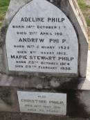 Adeline PHILP,
born 14 Oct 1858 died 21 April 1902;
Andrew PHILP,
born 16 Jan 1825 died 8 Aug 1915;
Marie Stewart PHILP,
born 25 Oct 1864 died 20 Febb 1938;
Christine PHILP,
died 10 May 1941 aged 72 years;
Ma Ma Creek Anglican Cemetery, Gatton shire