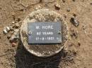 W. HORE, male,
died 17-9-1931 aged 82 years;
Ma Ma Creek Anglican Cemetery, Gatton shire