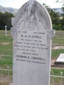 M.A. CHAPPELL, wife mother,
died 31 March 1912 aged 51 years;
Thomas A. CHAPPELL, father,
died 16 May 1949 aged 86 years;
Ma Ma Creek Anglican Cemetery, Gatton shire