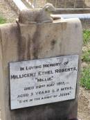 Millicent Ethel (Millie) ROBERTS,
died 22 May 1917 aged 3 years 2 months;
Ma Ma Creek Anglican Cemetery, Gatton shire