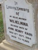 Matilda Ann, wife of J.H. RAUB,
died 9 Feb 1923 aged 48 years;
Herbert Cecil, son,
died 22 April 1921 aged 11 years;
Wilhelmina, mother,
wife of John Henry RAUB,
died 8 Sept 1964 aged 75 years;
John Henry RAUB, husband father,
died 18 March 1952 aged 80 years;
Ma Ma Creek Anglican Cemetery, Gatton shire